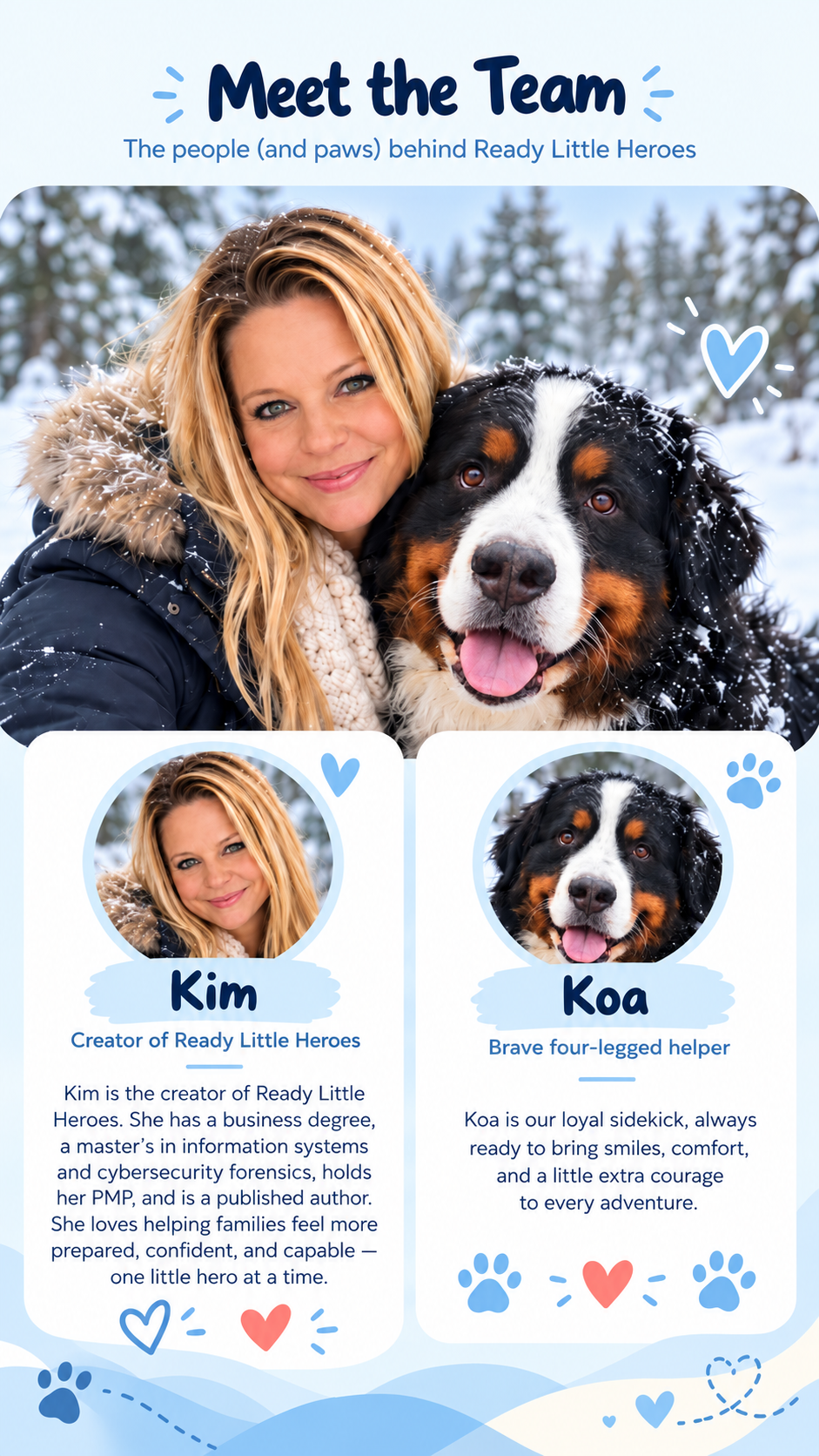 Meet the Team: Kim, creator of Ready Little Heroes, and Koa, her brave four-legged helper