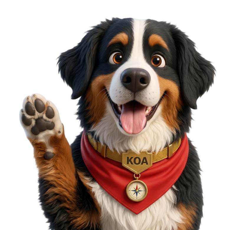 Koa the Bernese Mountain Dog waving hello with a raised paw.