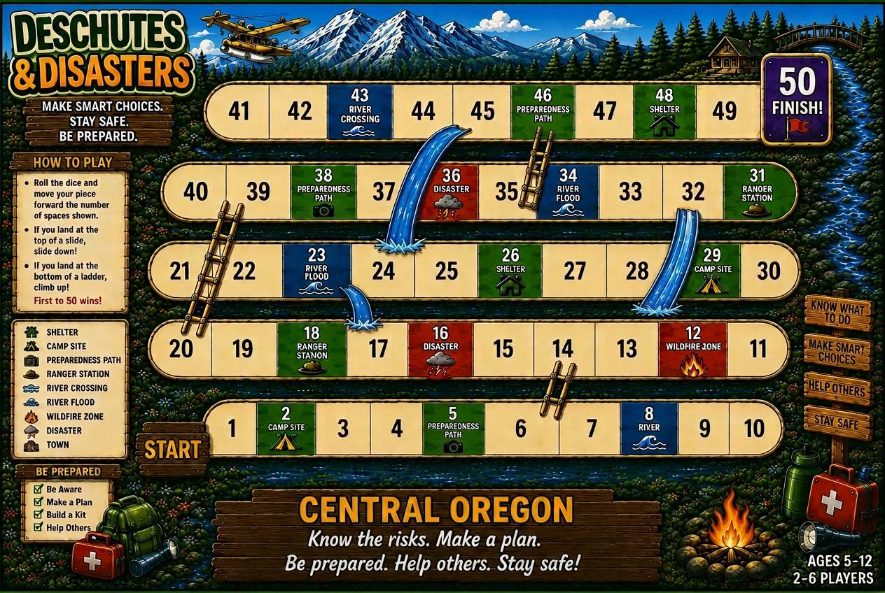 Deschutes & Disasters family preparedness adventure game board