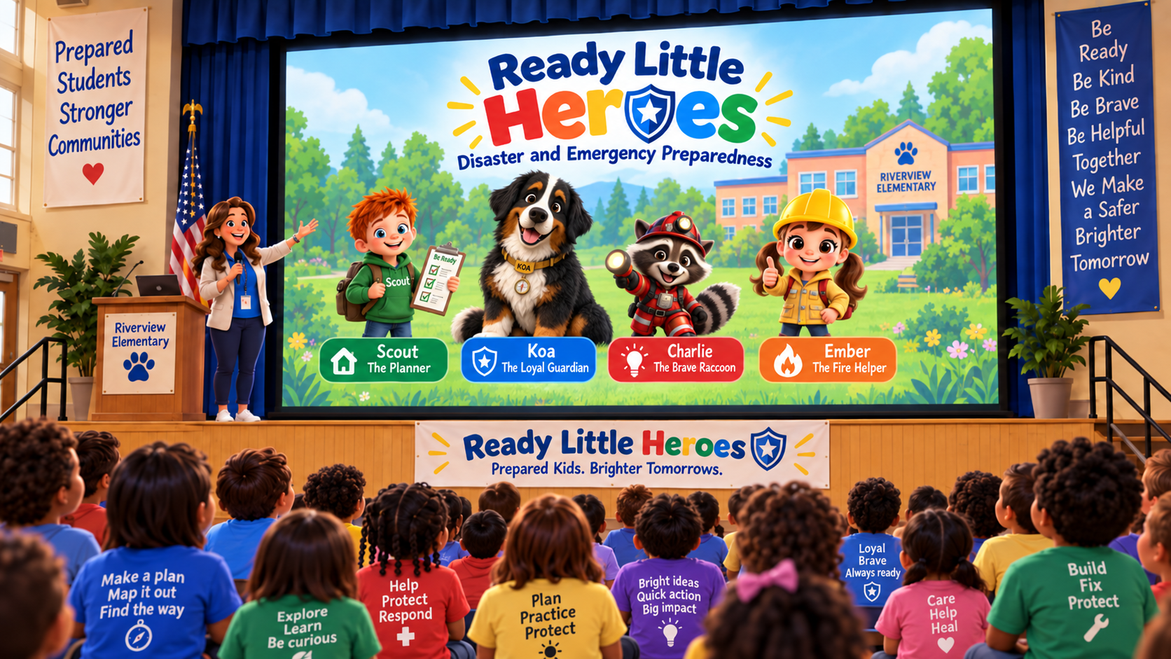 Ready Little Heroes presentation at Riverview Elementary with children and mascot characters